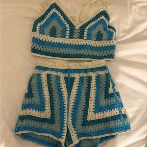 Blue and White Crochet Women Tank & Shorts